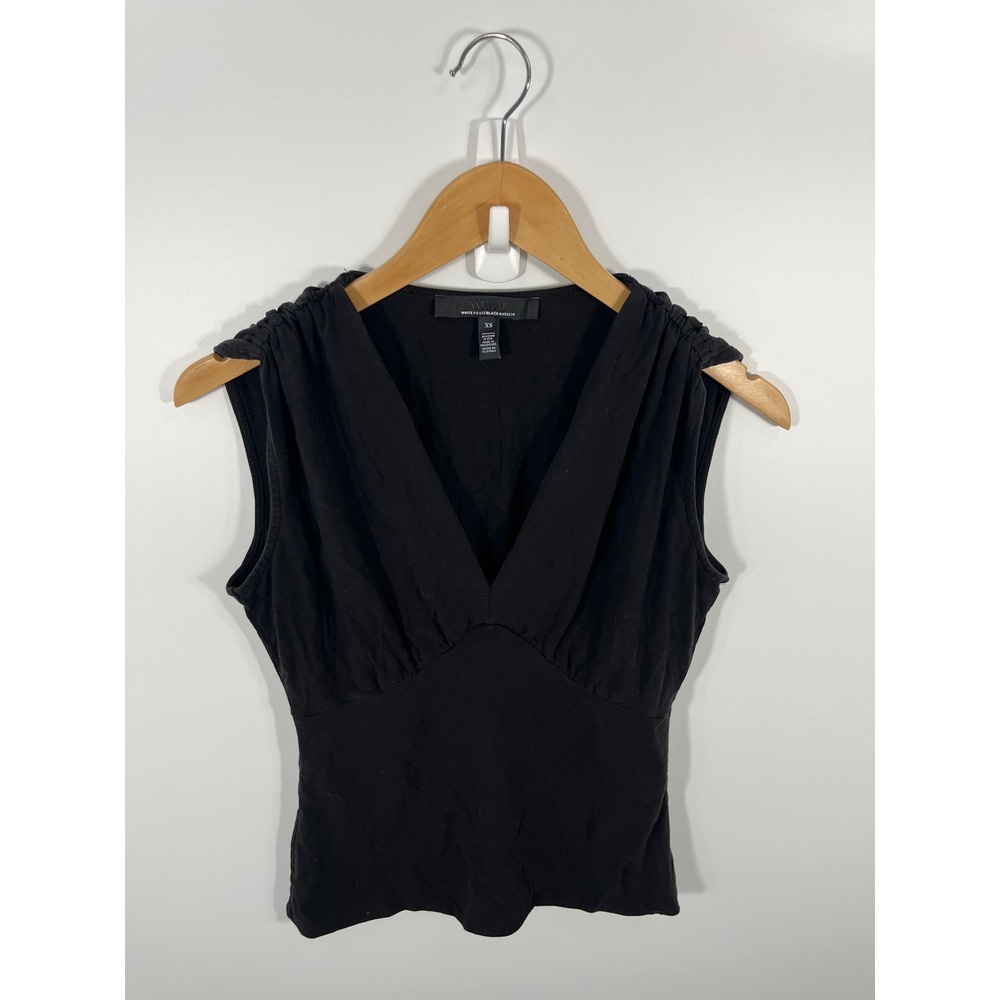 WHBM Babydoll Womens V Neck Top XS Black Minimalist Chic Capsule Stretch
